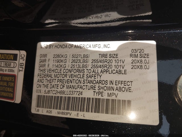 45203352 :رقم المزاد ، 5J8TC2H69LL037724 vin ، 2020 Acura Rdx A-spec Package مزاد بيع
