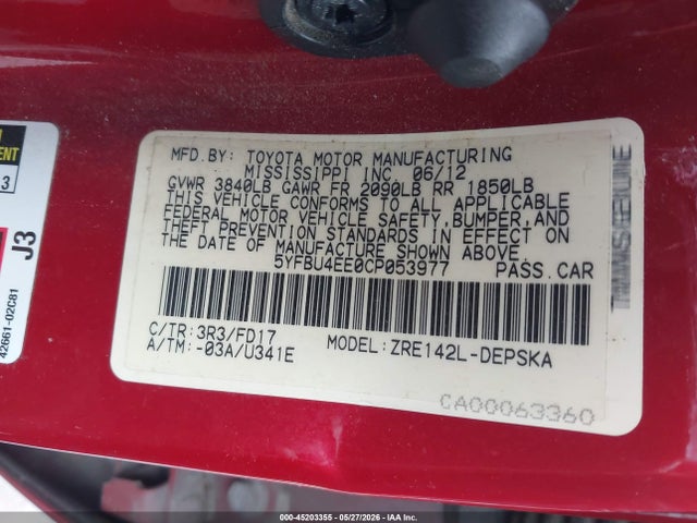 Aukcja sprzedaży 2012 Toyota Corolla S, vin: 5YFBU4EE0CP053977, numer aukcji: 45203355
