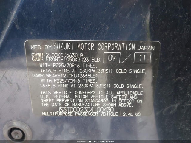 2012 Suzuki Grand Vitara Premium მანქანა იყიდება აუქციონზე, vin: JS3TD0D23C4100430, აუქციონის ნომერი: 45203358