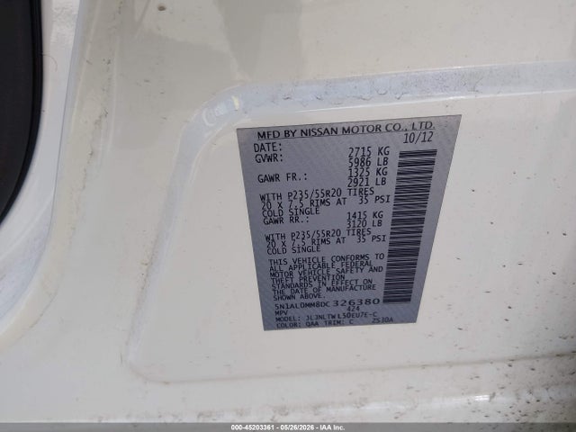 45203361 :رقم المزاد ، 5N1AL0MM8DC326380 vin ، 2013 Infiniti Jx35 مزاد بيع