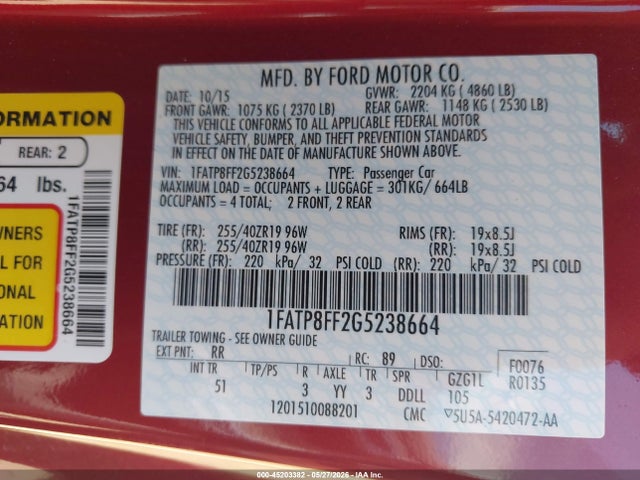 Продаж на аукціоні авто 2016 Ford Mustang Gt Premium, vin: 1FATP8FF2G5238664, номер лоту: 45203382