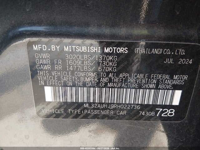 Aukcja sprzedaży 2024 Mitsubishi Mirage Es/le, vin: ML32AUHJ9RH022736, numer aukcji: 45203384