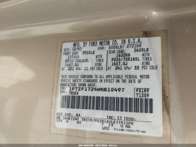 Продаж на аукціоні авто 1998 Ford F-150 Standard/xl/xlt, vin: 1FTZF1724WNB10497, номер лоту: 45203390