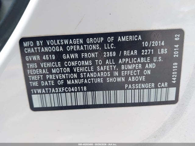 Aukcja sprzedaży 2015 Volkswagen Passat 1.8t Wolfsburg Edition, vin: 1VWAT7A3XFC040118, numer aukcji: 45203400