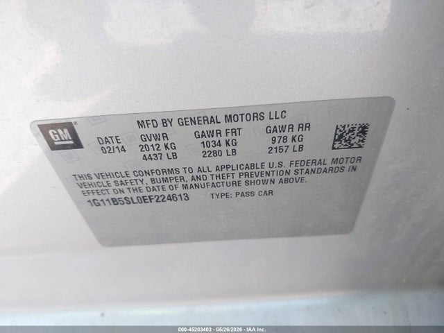 45203403 :رقم المزاد ، 1G11B5SL0EF224613 vin ، 2014 Chevrolet Malibu 1ls مزاد بيع