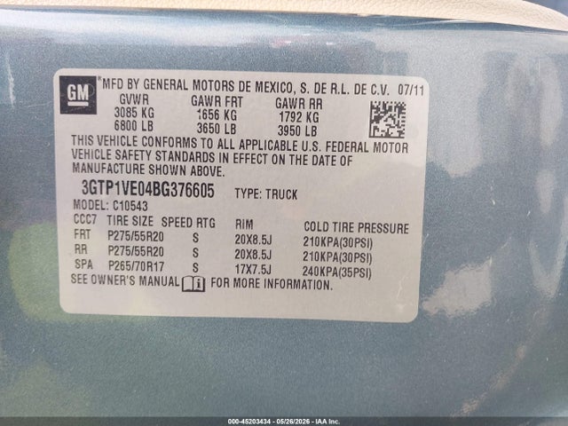 45203434 :رقم المزاد ، 3GTP1VE04BG376605 vin ، 2011 Gmc Sierra 1500 Sle مزاد بيع