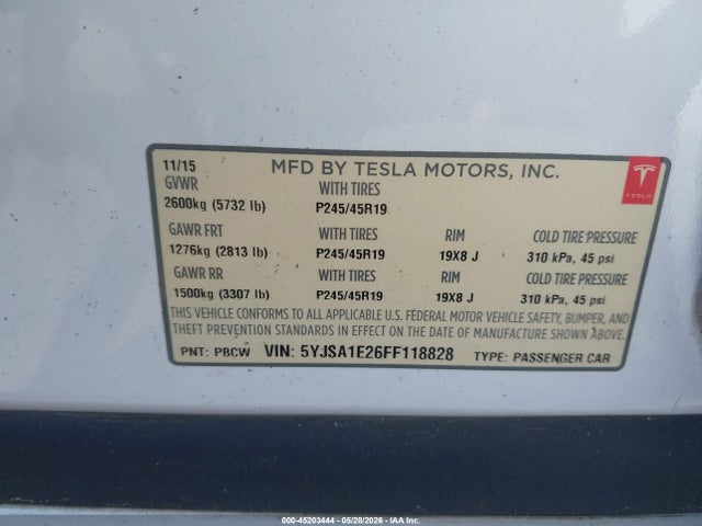 Aukcja sprzedaży 2015 Tesla Model S, vin: 5YJSA1E26FF118828, numer aukcji: 45203444