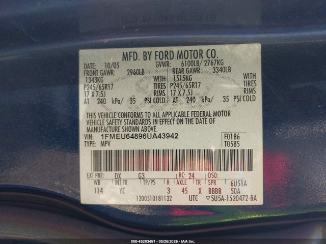 45203451 :رقم المزاد ، 1FMEU64896UA43942 vin ، 2006 Ford Explorer Eddie Bauer مزاد بيع