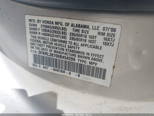 Продажа на аукционе авто 2006 Honda Odyssey Ex-l, vin: 5FNRL38706B454289, номер лота: 45203454