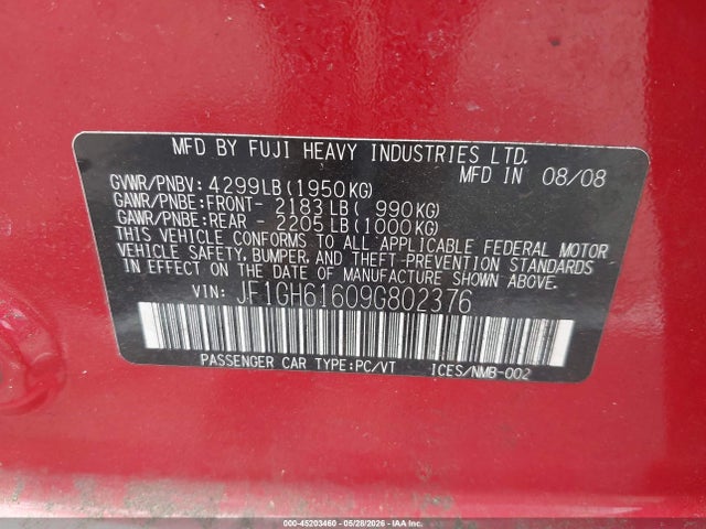 Продажа на аукционе авто 2009 Subaru Impreza 2.5i, vin: JF1GH61609G802376, номер лота: 45203460