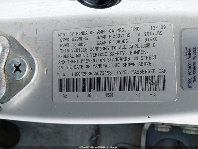 45203474 :رقم المزاد ، 1HGCP2F36AA072498 vin ، 2010 Honda Accord 2.4 Lx مزاد بيع