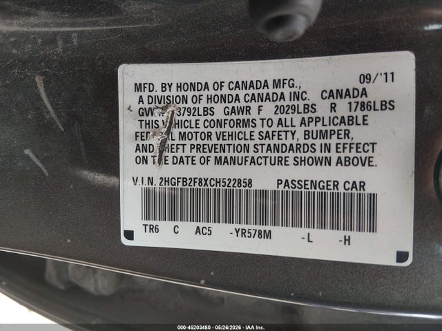 Продаж на аукціоні авто 2012 Honda Civic Ex, vin: 2HGFB2F8XCH522858, номер лоту: 45203480