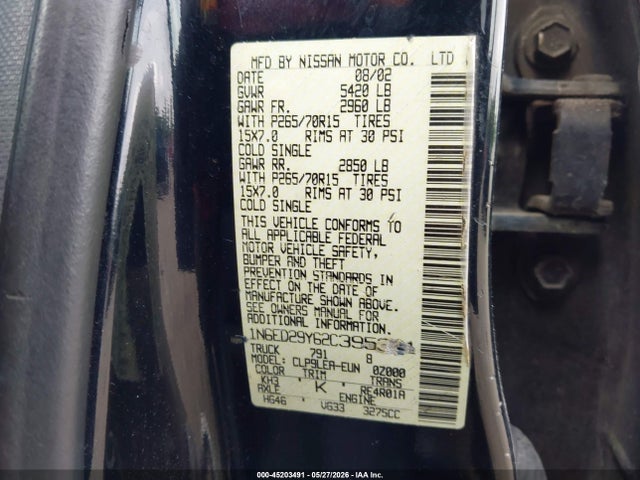 45203491 :رقم المزاد ، 1N6ED29Y62C395301 vin ، 2002 Nissan Frontier Xe-v6 مزاد بيع