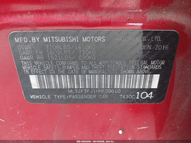 Aukcja sprzedaży 2017 Mitsubishi Mirage G4 Es, vin: ML32F3FJ1HHF09610, numer aukcji: 45203493