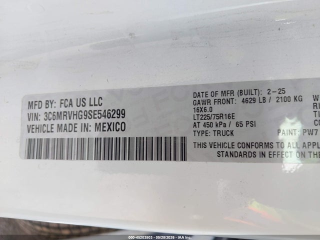 Продажа на аукционе авто 2025 Ram Promaster 3500 Tradesman High Roof 159 Wb W/pass Seat, vin: 3C6MRVHG9SE546299, номер лота: 45203503