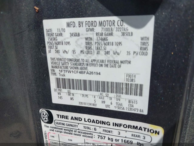 45203506 :رقم المزاد ، 1FTFW1CF4BFA26194 vin ، 2011 Ford F-150 Xlt مزاد بيع