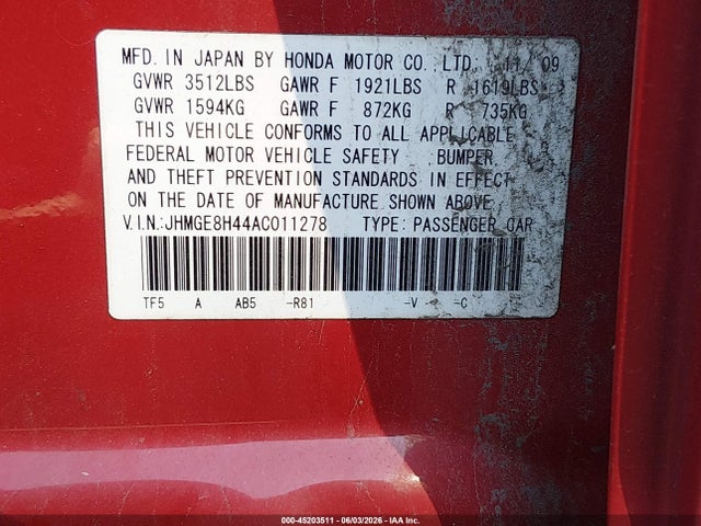 45203511 :رقم المزاد ، JHMGE8H44AC011278 vin ، 2010 Honda Fit Sport مزاد بيع