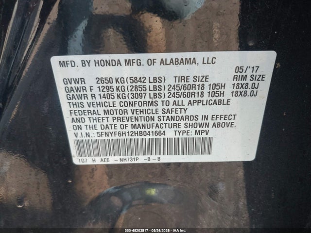 45203517 :رقم المزاد ، 5FNYF6H12HB041664 vin ، 2017 Honda Pilot Lx مزاد بيع