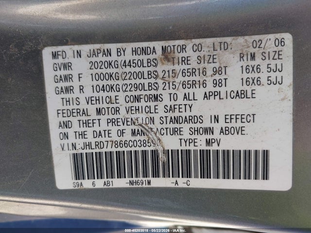 Aukcja sprzedaży 2006 Honda Cr-v Ex, vin: JHLRD77866C038598, numer aukcji: 45203518