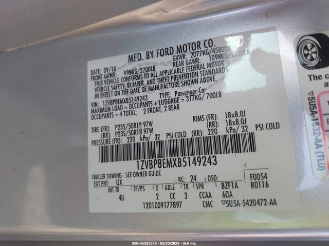 45203519 :رقم المزاد ، 1ZVBP8EMXB5149243 vin ، 2011 Ford Mustang V6 Premium مزاد بيع