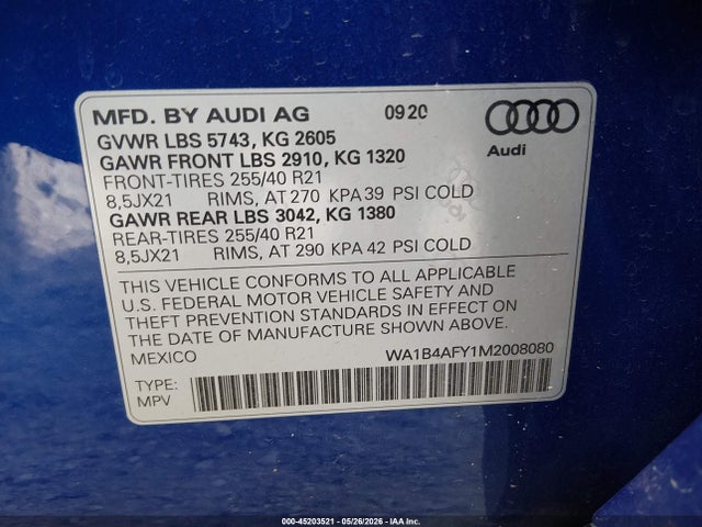 Aukcja sprzedaży 2021 Audi Sq5 Premium Plus Tfsi Quattro Tiptronic, vin: WA1B4AFY1M2008080, numer aukcji: 45203521