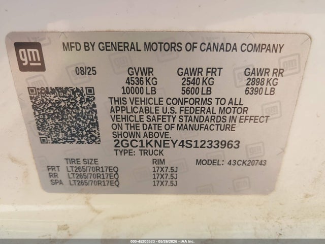 Aukcja sprzedaży 2025 Chevrolet Silverado 2500hd 4wd  Standard Bed Lt, vin: 2GC1KNEY4S1233963, numer aukcji: 45203523