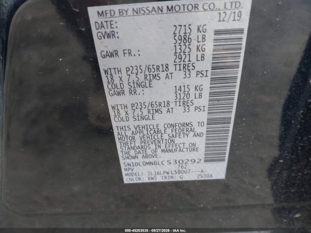 2020 Infiniti Qx60 Pure მანქანა იყიდება აუქციონზე, vin: 5N1DL0MN6LC530292, აუქციონის ნომერი: 45203535
