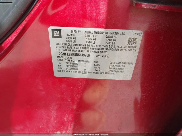 45203538 :رقم المزاد ، 2GNFLEEK8D6149706 vin ، 2013 Chevrolet Equinox 1lt مزاد بيع