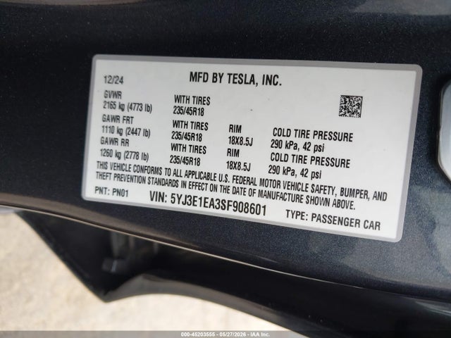 Продажа на аукционе авто 2025 Tesla Model 3 Long Range Rear-wheel Drive/standard Rear-wheel Drive, vin: 5YJ3E1EA3SF908601, номер лота: 45203555