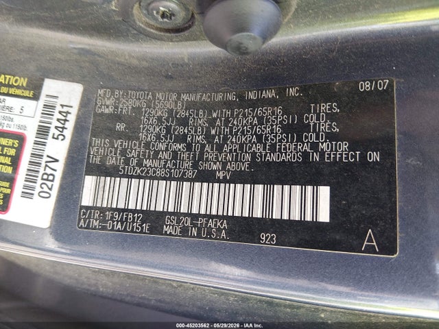 2008 Toyota Sienna Ce მანქანა იყიდება აუქციონზე, vin: 5TDZK23C88S107387, აუქციონის ნომერი: 45203562
