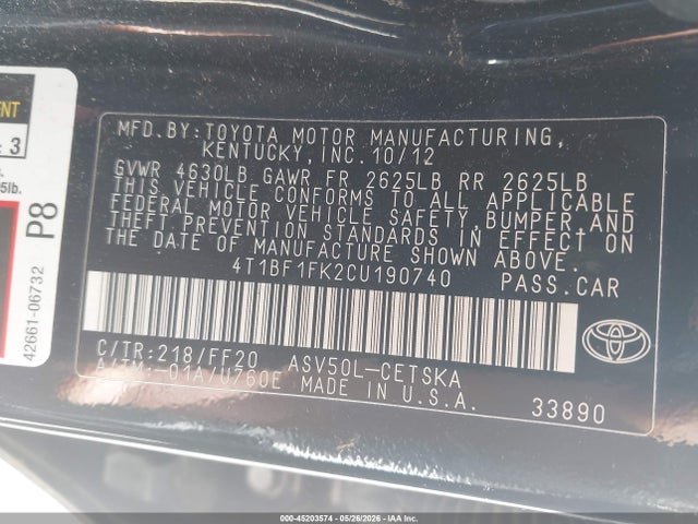 Продаж на аукціоні авто 2012 Toyota Camry Se Limited Edition, vin: 4T1BF1FK2CU190740, номер лоту: 45203574