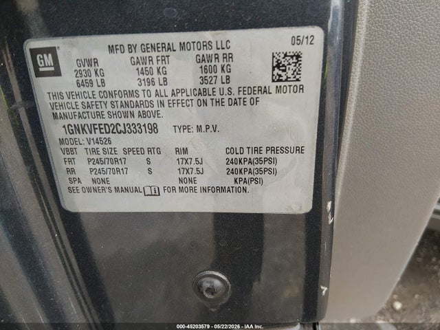 Продаж на аукціоні авто 2012 Chevrolet Traverse Ls, vin: 1GNKVFED2CJ333198, номер лоту: 45203579