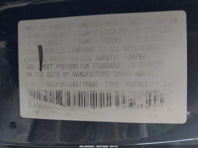 Aukcja sprzedaży 2009 Honda Accord 2.4 Lx-p, vin: 1HGCP26429A176880, numer aukcji: 45203581