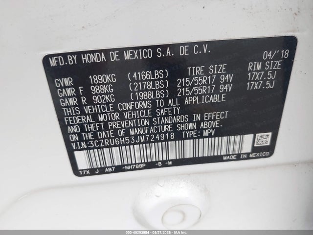 Продажа на аукционе авто 2018 Honda Hr-v Ex, vin: 3CZRU6H53JM724918, номер лота: 45203584