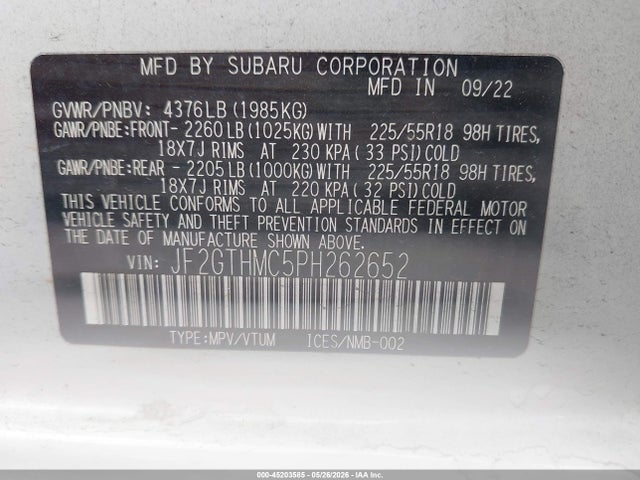 Aukcja sprzedaży 2023 Subaru Crosstrek Limited, vin: JF2GTHMC5PH262652, numer aukcji: 45203585