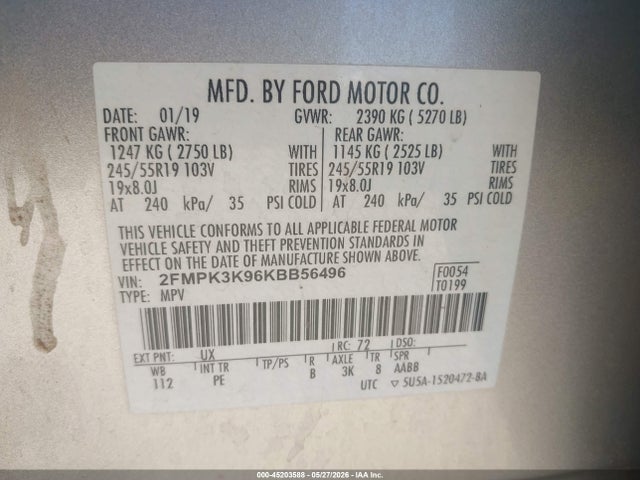 45203588 :رقم المزاد ، 2FMPK3K96KBB56496 vin ، 2019 Ford Edge Titanium مزاد بيع