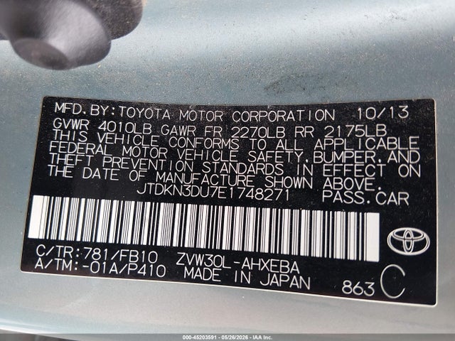 Продаж на аукціоні авто 2014 Toyota Prius Two, vin: JTDKN3DU7E1748271, номер лоту: 45203591