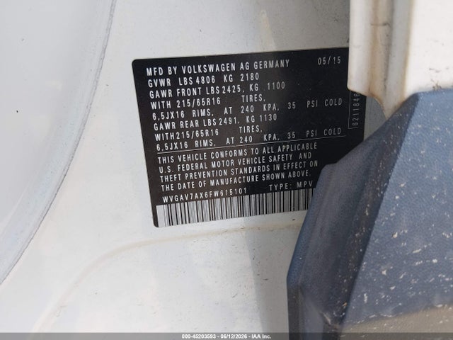 2015 Volkswagen Tiguan S მანქანა იყიდება აუქციონზე, vin: WVGAV7AX6FW615101, აუქციონის ნომერი: 45203593