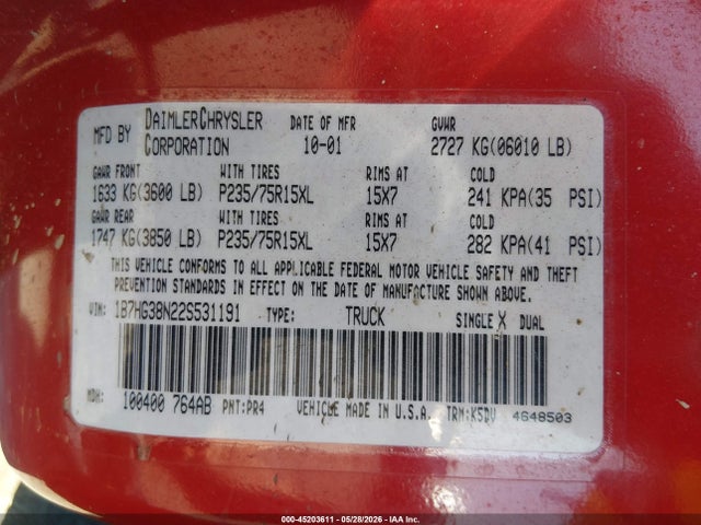 45203611 :رقم المزاد ، 1B7HG38N22S531191 vin ، 2002 Dodge Dakota Sport مزاد بيع