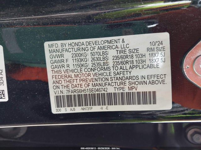 2025 Honda Cr-v Hybrid Sport მანქანა იყიდება აუქციონზე, vin: 7FARS6H51SE046742, აუქციონის ნომერი: 45203613