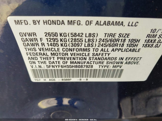 2017 Honda Pilot Ex-l მანქანა იყიდება აუქციონზე, vin: 5FNYF6H55HB087928, აუქციონის ნომერი: 45203614