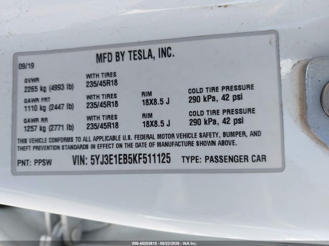 Aukcja sprzedaży 2019 Tesla Model 3 Long Range/performance, vin: 5YJ3E1EB5KF511125, numer aukcji: 45203618