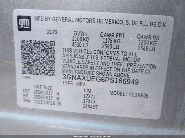 Aukcja sprzedaży 2023 Chevrolet Equinox Awd Lt, vin: 3GNAXUEG6PS166949, numer aukcji: 45203621