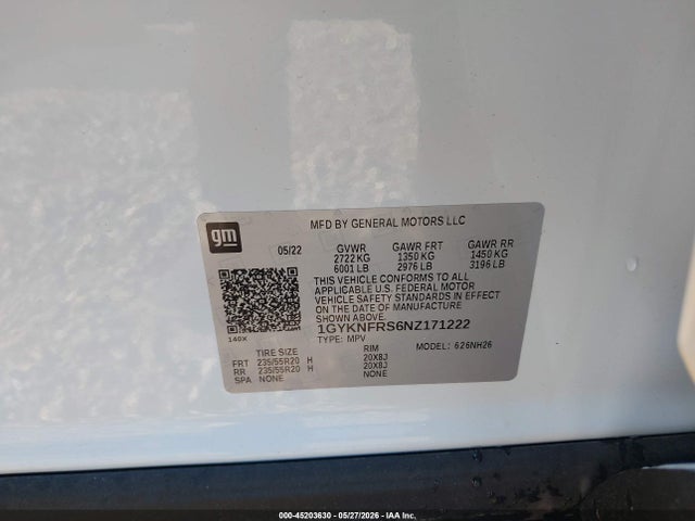 45203630 :رقم المزاد ، 1GYKNFRS6NZ171222 vin ، 2022 Cadillac Xt5 Awd Premium Luxury مزاد بيع
