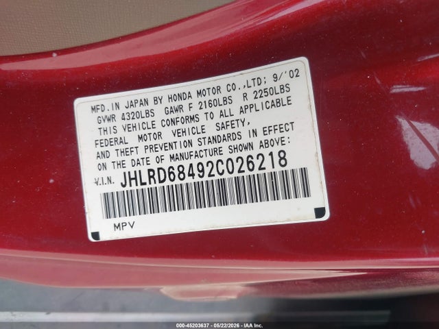 2002 Honda Cr-v Lx მანქანა იყიდება აუქციონზე, vin: JHLRD68492C026218, აუქციონის ნომერი: 45203637