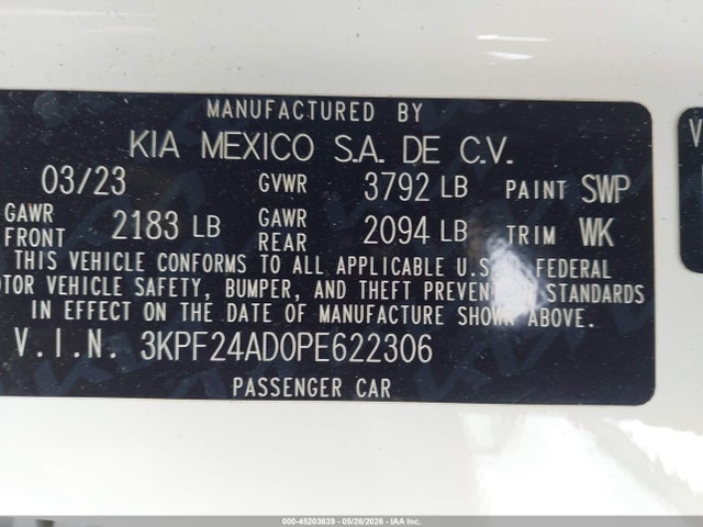 2023 Kia Forte Lxs მანქანა იყიდება აუქციონზე, vin: 3KPF24AD0PE622306, აუქციონის ნომერი: 45203639