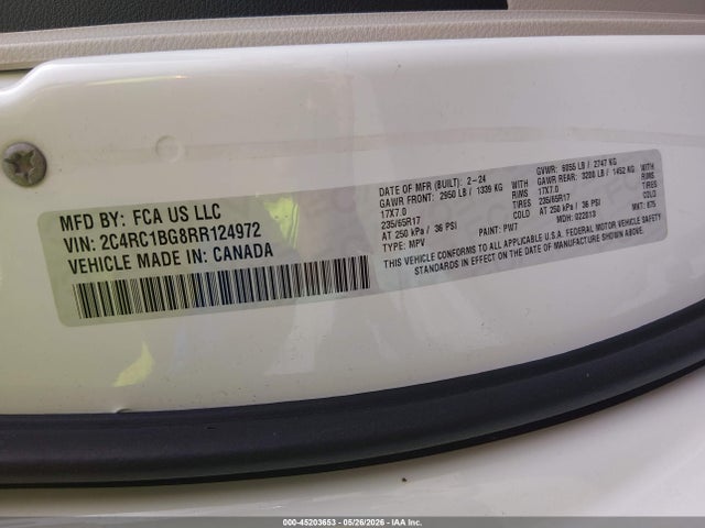 Продаж на аукціоні авто 2024 Chrysler Pacifica Touring L, vin: 2C4RC1BG8RR124972, номер лоту: 45203653