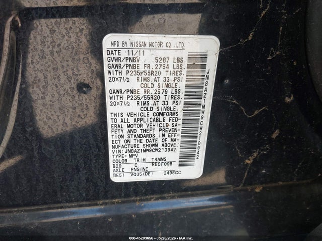 Aukcja sprzedaży 2012 Nissan Murano S/sl/le, vin: JN8AZ1MW9CW210942, numer aukcji: 45203656