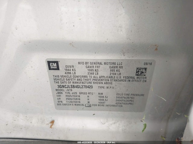 Продажа на аукционе авто 2016 Chevrolet Trax Lt, vin: 3GNCJLSB4GL278429, номер лота: 45203659