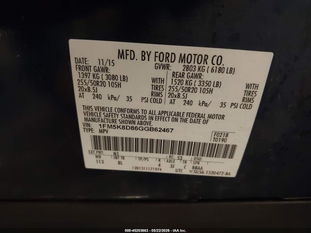 2016 Ford Explorer Xlt მანქანა იყიდება აუქციონზე, vin: 1FM5K8D86GGB62467, აუქციონის ნომერი: 45203663